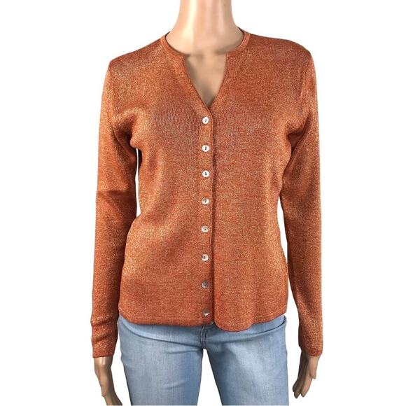 JOSEPH A. Silk/Metalic Cardigan Women L Orange Retro Classic Old Money Y2K NWT - Picture 1 of 10